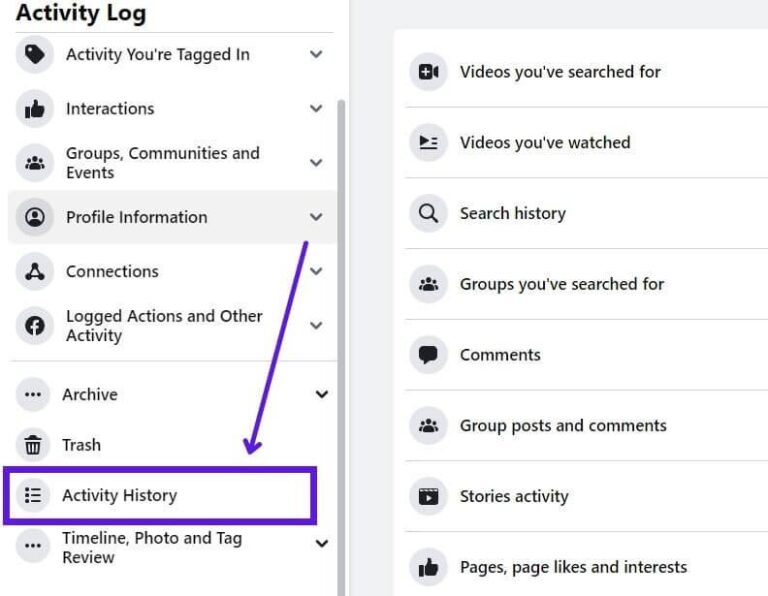 Finding an activity you did on Facebook from the categories