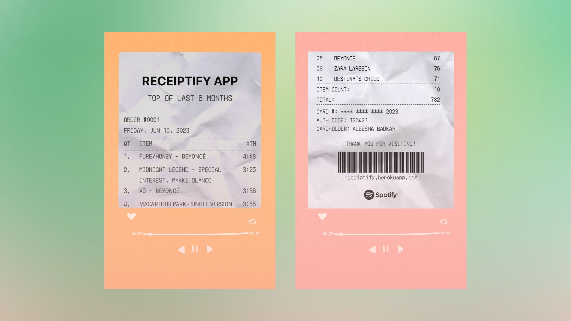 Listen to some of your favorite Spotify artists on Receiptify!